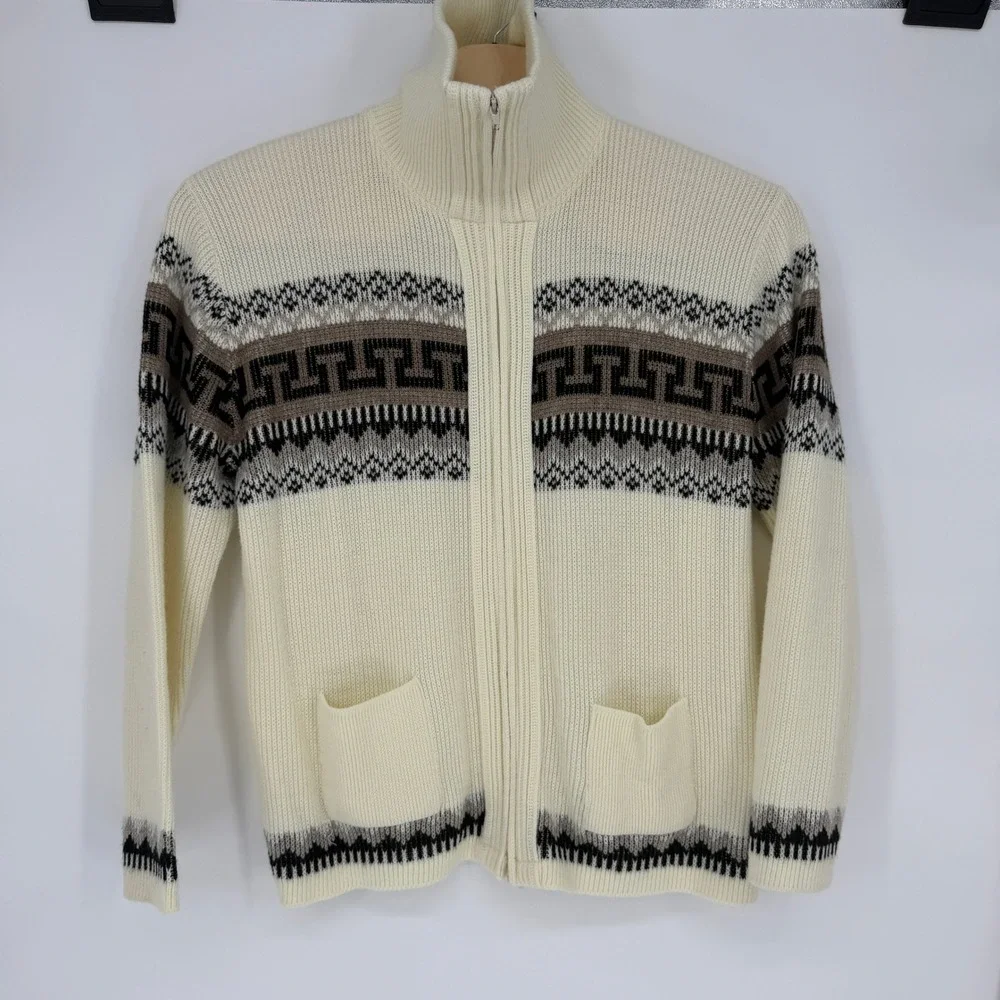 Vintage St Johns Bay Mens Full Zip Cardigan Sweater Cream Greek Key Fair Isle L